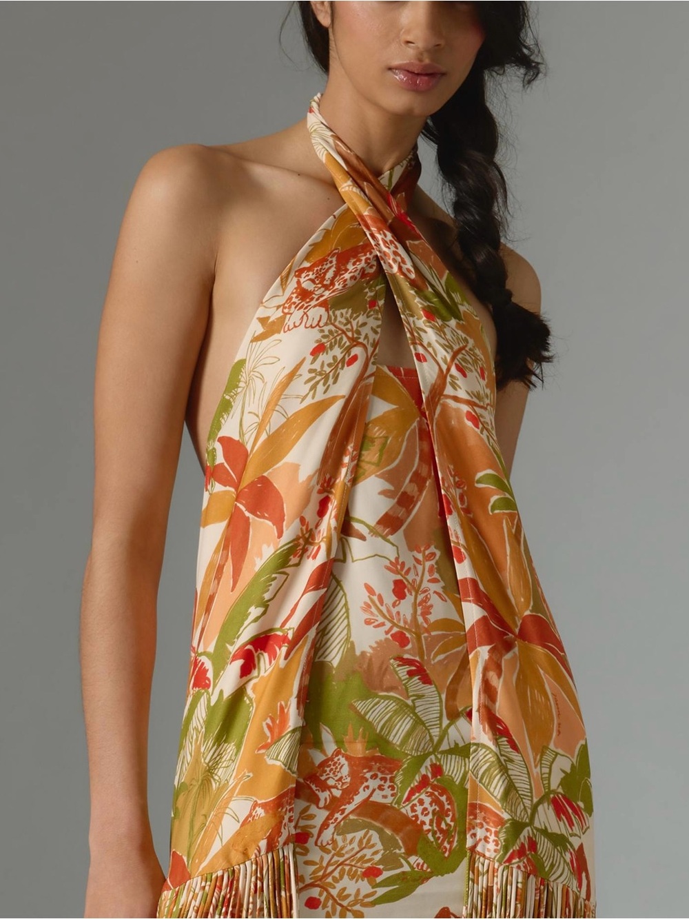 Farm Rio Tropical Fringe Halter Open Back Midi Dress Resort Vacation Size L - Picture 4 of 5